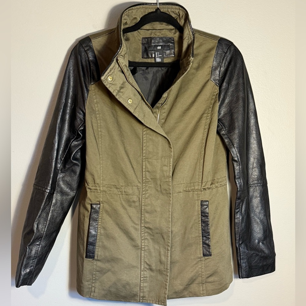 H&M Olive Utility Jacket with Faux Leather Sleeves – Size 6